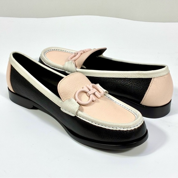 Salvatore Ferragamo Gancini Leather Colorblock Loafers 8.5 Black Pink Ivory NEW - Picture 13 of 17